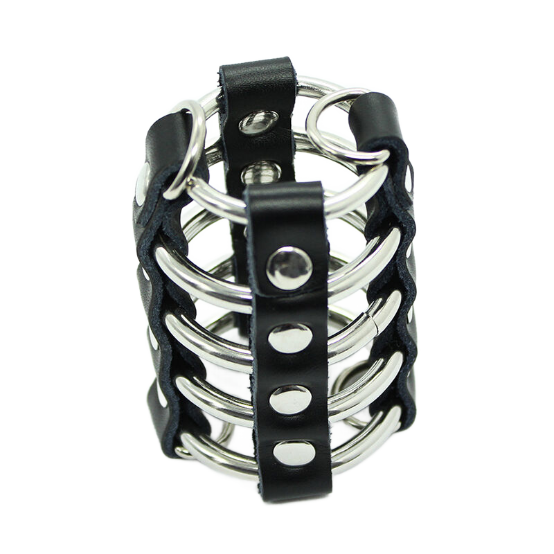 OHMAMA FETISH - CAGE  PÉNIS AVEC ANNEAUX MÉTALLIQUES ET SANGLE EN CUIR